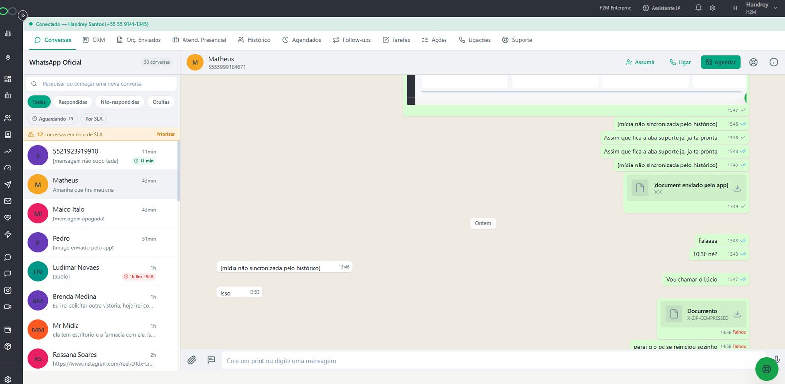 Inbox WhatsApp Oficial da H2M com SLA, IA e vários atendentes